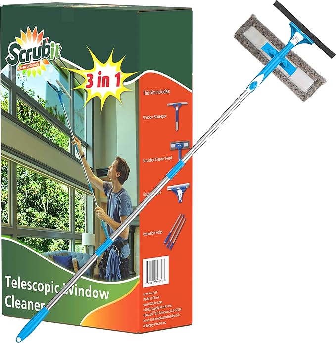 SCRUBIT Extendable Squeegee Window Cleaner- Window Cleaning Tool with Microfiber Scrubber &amp Spray Head - 58 Long Extension Pole for High Windows and Outdoor Glass Washing - Shower Cleaning Kit
