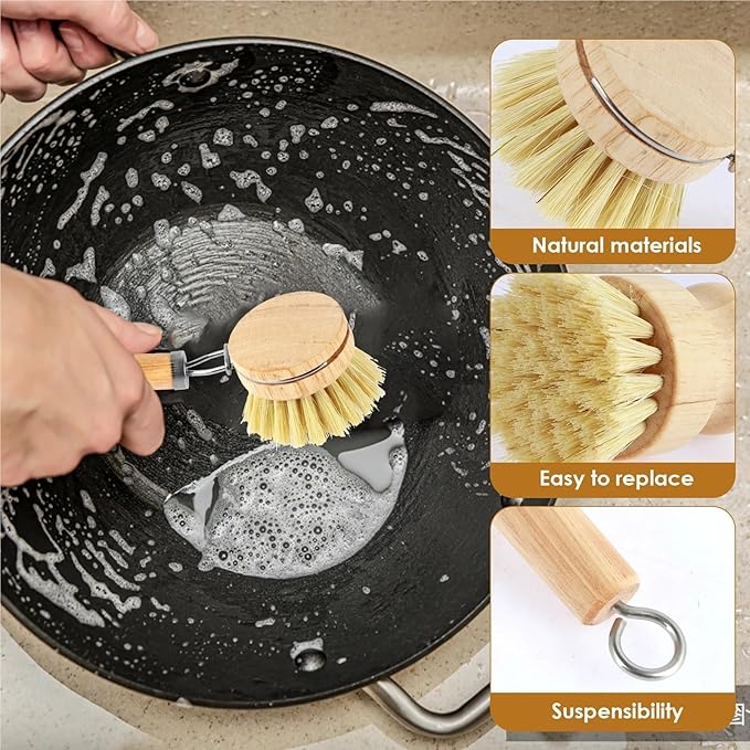 3/5Pcs Wooden Dish Brush Replaceable Long Handle Kitchen Cleaning Brush Set Natural Sisal Scrubbing Brush for Cleaning Pots Pan(5Pcs A)