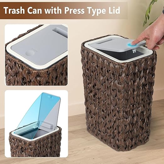 Bathroom Small Trash Can with Lid2.6 Gallon Small Garbage Can with Rattan Basket Slim Wicker Wastebasket Trash Can Press Top Lid for BathroomKitchenOfficeLiving RoomBedroom Brown