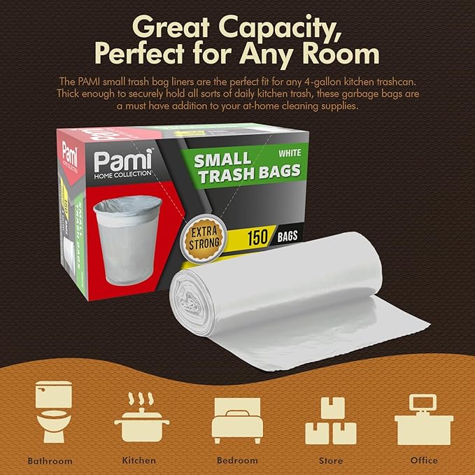 PAMI Small 4-Gallon Trash White 150 Bags - Strong Multipurpose Plastic Wastebasket Unscented Can Liners For Kitchen Bathroom Office- 4-Gallon Garbage Bags 1ft x1ft