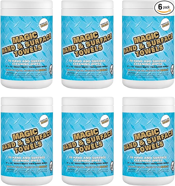 Magic Heavy Duty Cleaning Wipes - Dual Sided Hand &amp Surface Shop Towels | Professional-grade Cleaning | Waterless | Moisturizing | Cleans Grease Oil Dirt &amp more (6 Pack | 420 Sheets Total)