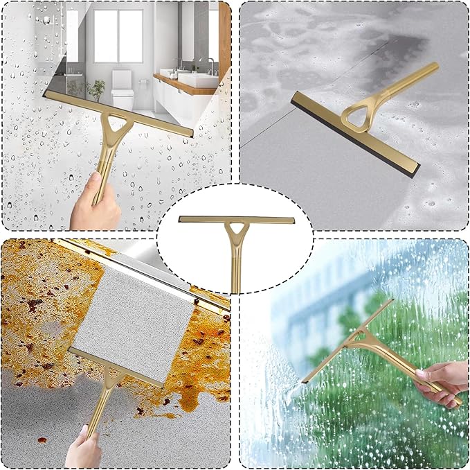 8.9x8.7inch Gold Stainless Steel Shower Squeegee Window Squeegee with Hanging Hook - Glass Wiper Squeegeer Cleaning Tool for Clean Ceramic TileShower Door MirrorWindowCar GlassTable Top