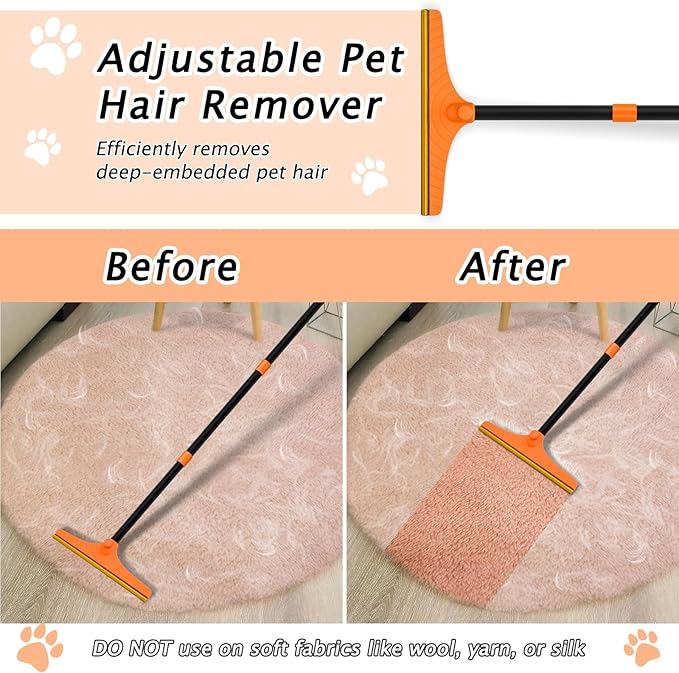 Carpet Rake for Pet Hair Removal - Reusable Pet Hair Remover 60” Adjustable Long Handle Cat Dog Carpet Rake Scraper Dog Hair Rake Brush for Rugs Mats Couch