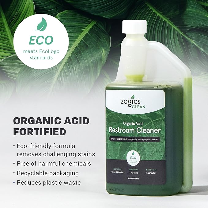 Zogics Organic Acid Restroom Cleaner Case of 6-32 oz Bottles - Each Bottle Makes up to 16 Quarts - Meets ECOLOGO Standards