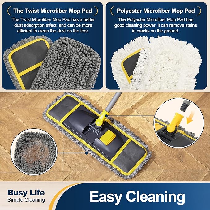 Yocada Dust Mop for Floor Cleaning with 2 Different Mop Pads (in Total) Wet &amp Dry for Hardwood Ceramic Marble Tile Laminate Home Kitchen 51in Long