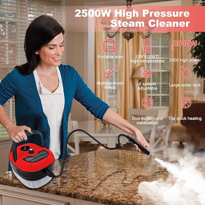 Steam cleanerHandheld Steamer for Cleaning with 6 Brush Heads 6 Speeds High Pressure Temperature Portable Steam Cleaner for UpholsteryKitchenFurniture Bathroom CarGrout and Tile (Red)