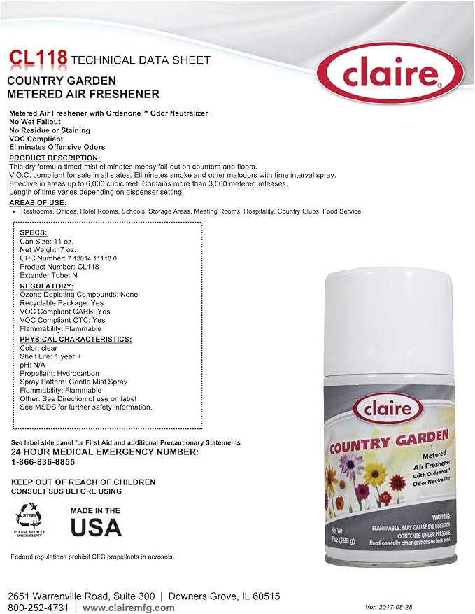 Claire CL118-12pk Country Garden Metered Air Freshener 7 Oz. Net Wt. 12 Count