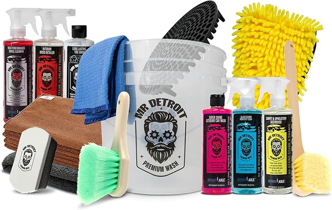 Mr. Detroit - 15pc Car Wash Kit with Car Cleaners Bucket and Filter Towels Wash Glove Long Handle Brushes Sponge Pad Exterior and Interior Detailing for Vehicles
