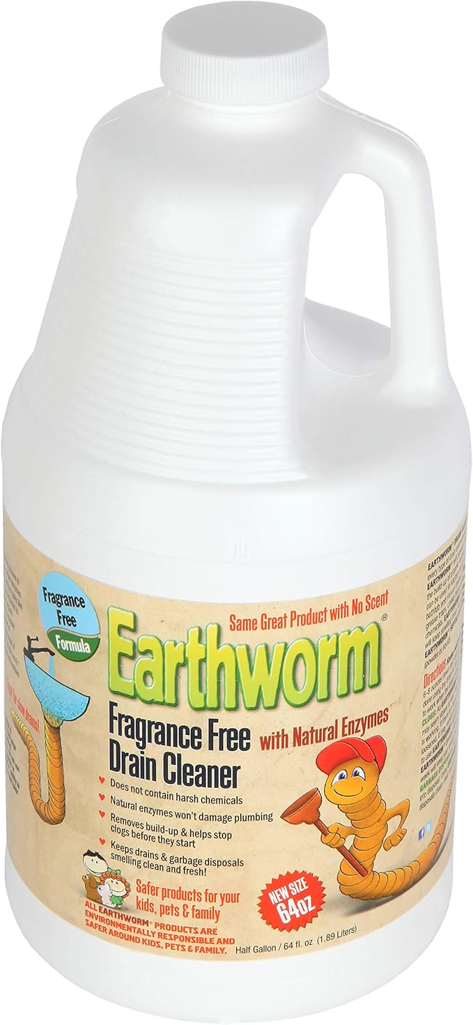 Earthworm Fragrance Free Drain Cleaner - Drain Opener - Natural Enzymes Environmentally Responsible Safer for Pets and Kids - 1 Half Gallon 64 oz