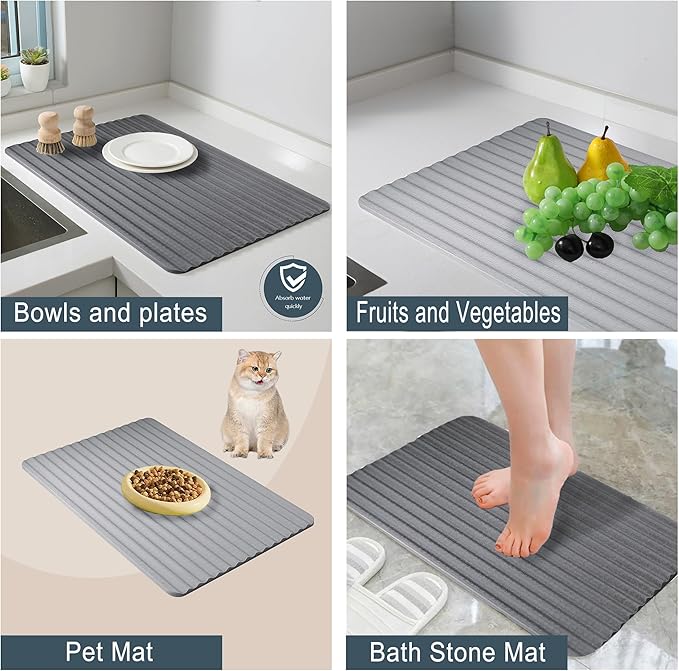 Stone Drying Mat for Kitchen CounterWavy Dish Drying Mat Instant Water AbsorptionFast Drynon-slipHeat-ResistantLarge Stone Drying Mat for Dishes and More (dark grey 23.6*15.3in)
