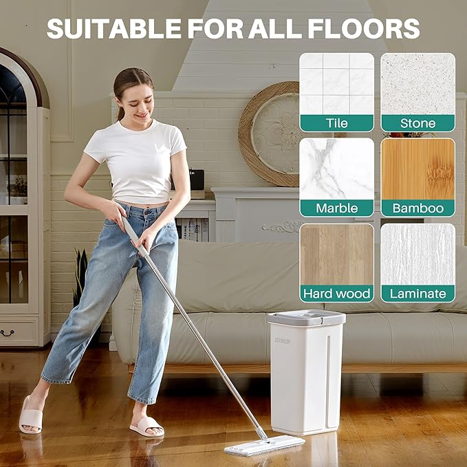 JOYMOOP Microfiber Flat Mop and Bucket System Mops for Floor Cleaning and Wall Cleaner Hardwood Tile Laminate Vinyl Floors Smooth Walls and Glass Windows - 50 Flat Mop+1 Microfiber Pad[White]