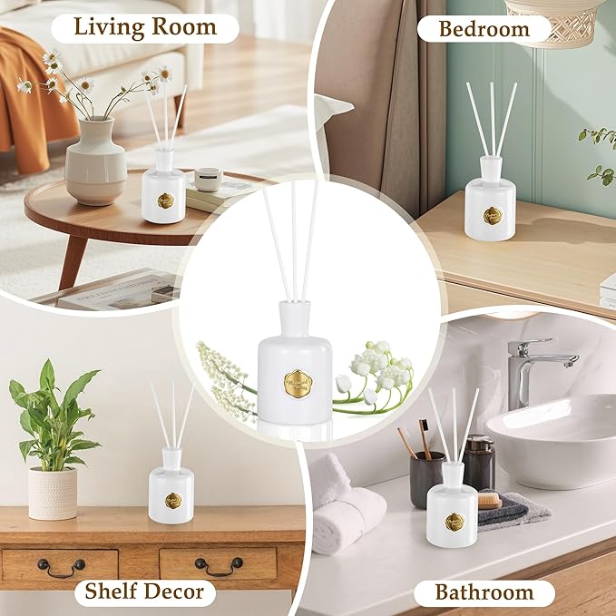 XEPTLE White Musk Reed Diffuser Apple Pear Jasmine with Musk &amp Ambergris Home Fragrance Diffuser with 5 Reeds Air Freshener for Bedroom Living Room Bathroom Décor 7.04oz White
