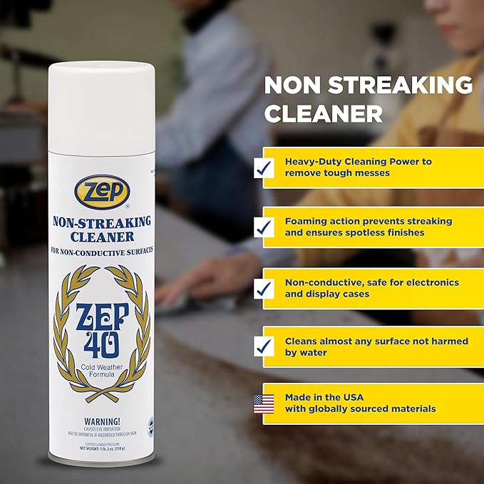 Zep 40 Non-Streaking Cleaner - 18 oz (Case of 12) 14401 - Heavy-Duty Foaming Action Aerosol Formulated for Non-Conductive Surfaces Ideal for Cold Weather Conditions.