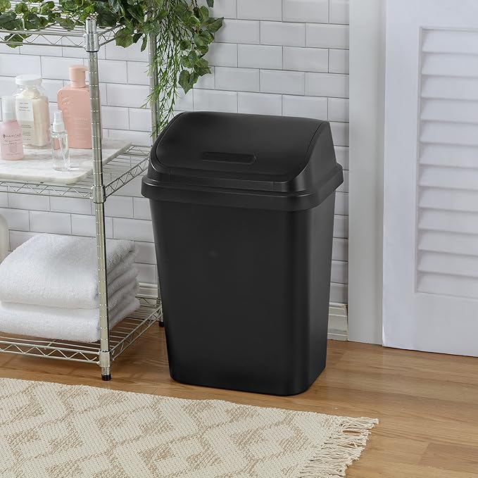 Sterilite 7.8 Gallon SwingTop Wastebasket with Lid Medium Sized Plastic Trash Can for the Kitchen with Swinging Lid Black 6-Pack