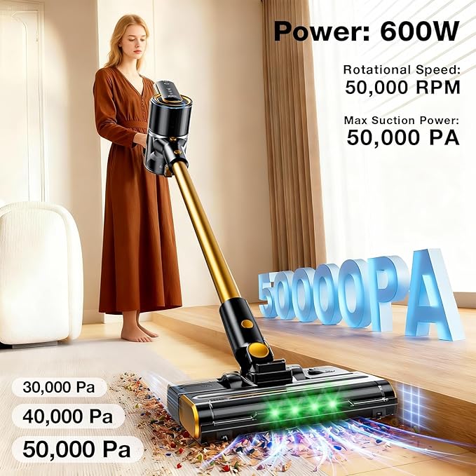 Cordless Vacuum Cleaner 600W 50000PA Stick Vacuum Cleaners and Mop In One4000mAh Battery with 60 Min Runtime LED Screen and Green Headlights Handheld Vacuum for Pet Hair Floors Carpet Sofa