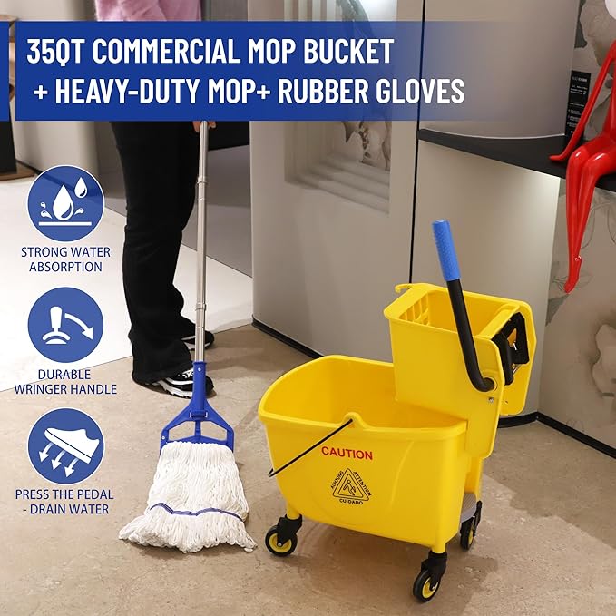 35QT Side-Press Mop Bucket and Wringer Combo on Wheels YellowIncluding One Heavy Duty Industrial Mop and One Set Large Rubber Cleaning Gloves