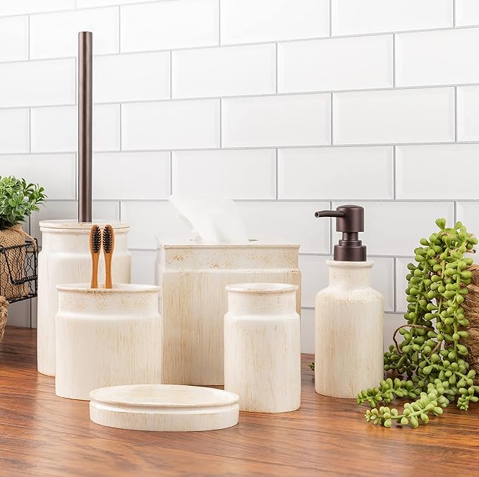 Creative Scents Rustic Luxe Bathroom Accessory Set - 6 Piece Modern Bathroom Sets Accessories Features: Toilet Brush and Holder Tissue Cover Soap Dispenser Toothbrush Holder Soap Dish &amp Tumble