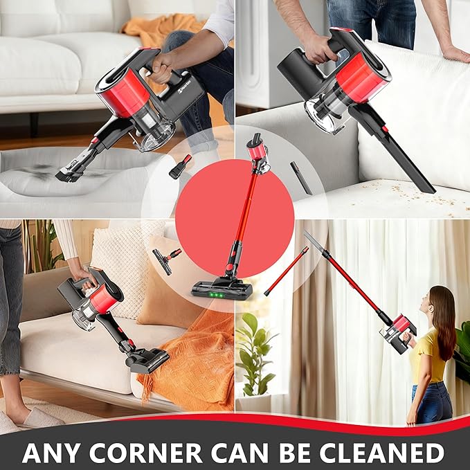 Hearten Cordless Vacuum CleanerUpgraded Stick Vacuum with LED Display Anti-Tangle Self-StandingAnti-TangleLightweightVacuum Cleaner for Home Pet Hair Carpet Hardwood Floor (A-Red)