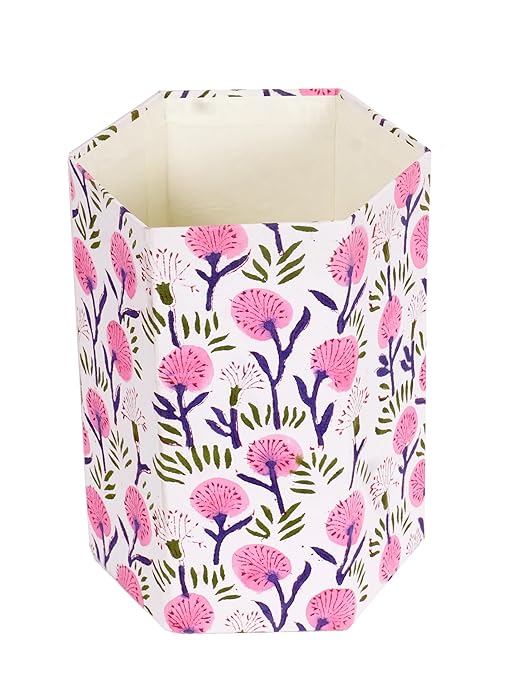 Handmade Cotton Paper Waste Basket Stylish Trash Can for Home or Office (1 Light Pink FLOWAR)