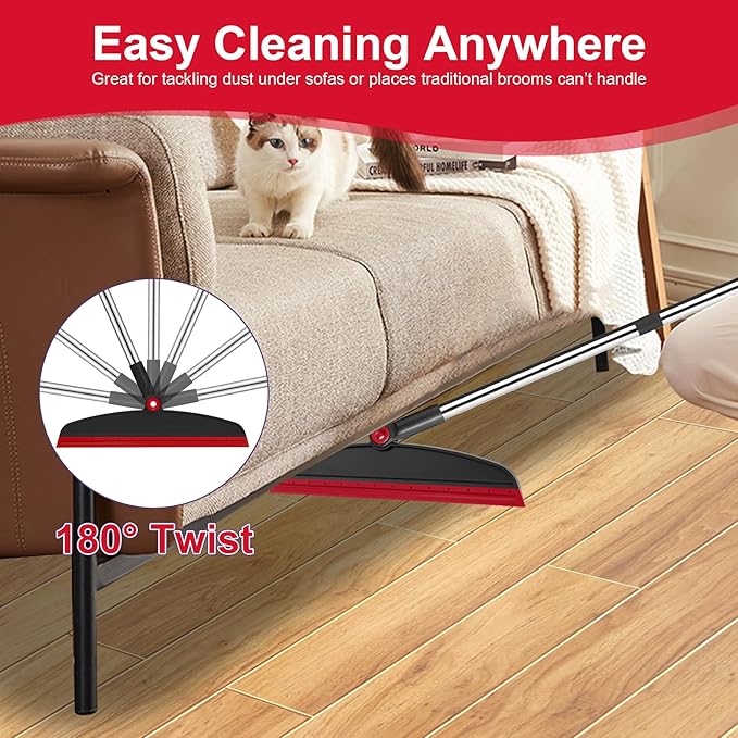 Broom with Dustpan Combo Set and Silicone Air Broom Kit 51 Long Handle Floor Squeegee Red Household Kit for Glass Window Rugs Pet Hair Home