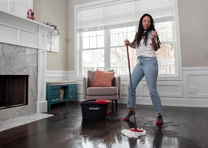 O-Cedar EasyWring Microfiber Spin Mop &amp Bucket Floor Cleaning System + 2 Extra Refills Red/Gray