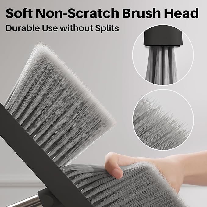 JOYMOOP Black Broom and Dustpan Set Upright Angle Design with Built-in Comb Teeth for Home Office Hardwood Floors Pet Hair