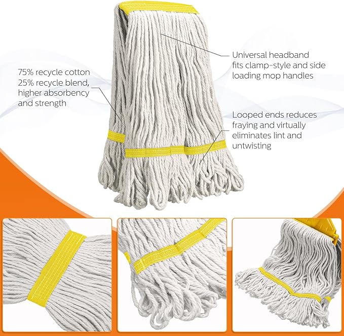 6 Pack Heavy Loop End Cotton String Mop Head Heavy Duty Mop Head Commercial Refills Mop Head Replacement for Home Industrial Commercial Floor Cleaning(White Yellow)