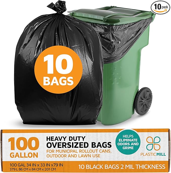 PlasticMill Heavy Duty Trash Bags - Black Garbage Bags - Plastic Trash Bags for Large Rolling Trash Bins - Tall Trash Bags - 100-Gallon Large Kitchen Trash Bags 2 Mil 67x79 (10-Count)