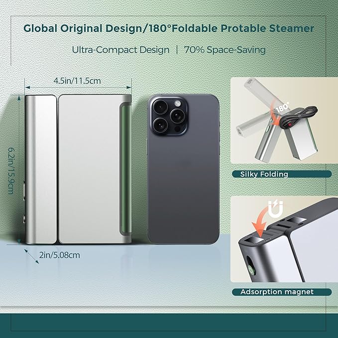1200W Travel Steamer for Clothes Portable Mini Dual Voltage (110-220V) Foldable Clothes Steamer and Iron Compact Garment steamer15s Fast Heat-Up Pluggable Cable Worldwide Travel (Green)
