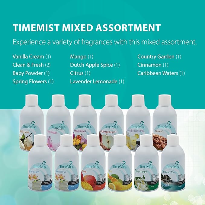 TimeMist Air Freshener Mixed Assortment Dispenser Refills - 7.1 oz (Case of 12 Assorted Fragrances) 1050698 - Essential Oils Lasts Up To 30 Days and Neutralizes Tough Odors