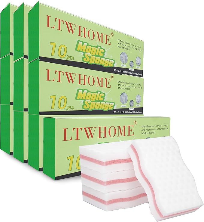 LTWHOME Cuty Pink Interlayer Magic Cleaning Wave Type Sponge High Density Melamine Foam 3.93 X 2.36 X 1 (Pack of 100)