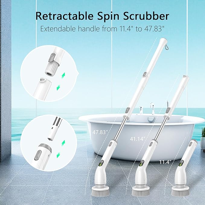 Electric Spin Scrubber 2024 New Full-Body IPX7 Waterproof Cordless Bathroom Scrubber with 4 Replaceable Heads Adjustable Extension Handle Shower Cleaning Brush for Bathtub Grout Tile Floor
