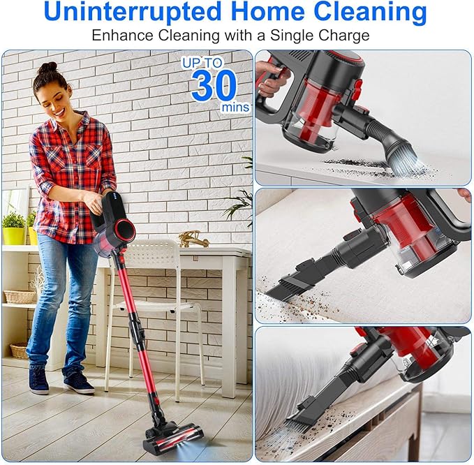 Cordless Vacuum Cleaner with Bendable Wand 100W 12Kpa Powerful Lightweight Stick Vacuum 12000mAh Rechargeable Handheld Vacuum Cleaners Anti-Tangled for Home Pet Hair Hardwood Carpets