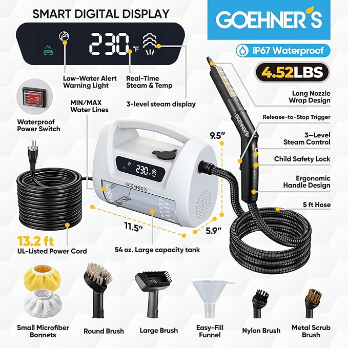 2026 Upgraded Handheld Steam Cleaner 230°F/3.5 Bar High-Pressure Portable Hand Held Steamer for Home &amp Car 30s Heat-Up Chemical-Free Deep Cleaning for Kitchen Bathroom Grout &amp Car Detaili