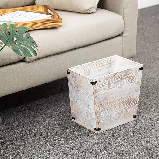 VERGOODR Grey Farmhouse Style Torched Wood Trash Can Waste Bin with Decorative Metal Brackets Trash Can for BedroomLiving Room Bathroom &amp Office (Washed White)