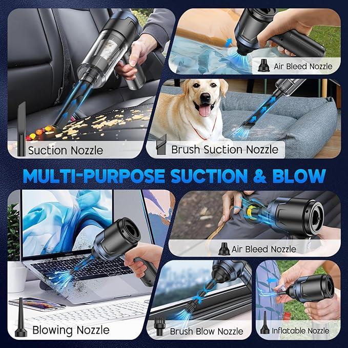 JONYJ Handheld Car Vacuum Cleaner 16000PA Hand Held Vacuum Portable Cordless 2 in 1 Air Duster and Vacuum Cleaner with LED Light Multi-Nozzles 120W High Power Mini Vacuum for Home Pet Office