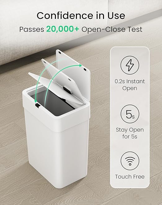 Cesun Bathroom Trash Can with Lid 4 Gallon Motion Sensor Garbage Can Automatic Touchless Trash Cans Slim Plastic Smart Waste Basket for Bedroom Office Living Room White