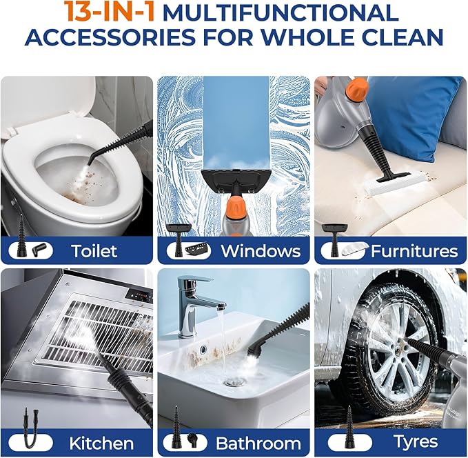 LABIGO Steam Cleaner Pressurized Handheld 13pcs Multi-Purpose Natural Deep Cleaning Steamer Portable Steamer for Cleaning Home Grout Kitchen Car Window Upholstery Bathroom and Clothes Gray