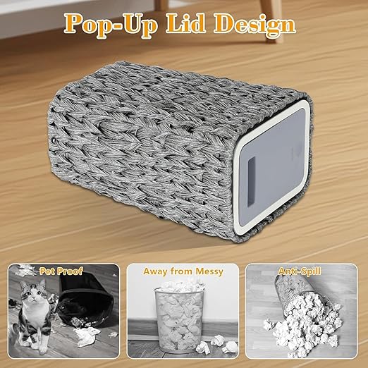 Boho Trash Can with Press Top Lid 2.6 Gallon Rattan Garbage Can Woven Wastebasket Rattan Waste Basket Wicker Recycling Basket for Toilet Office Bedroom Living Room (Gray)