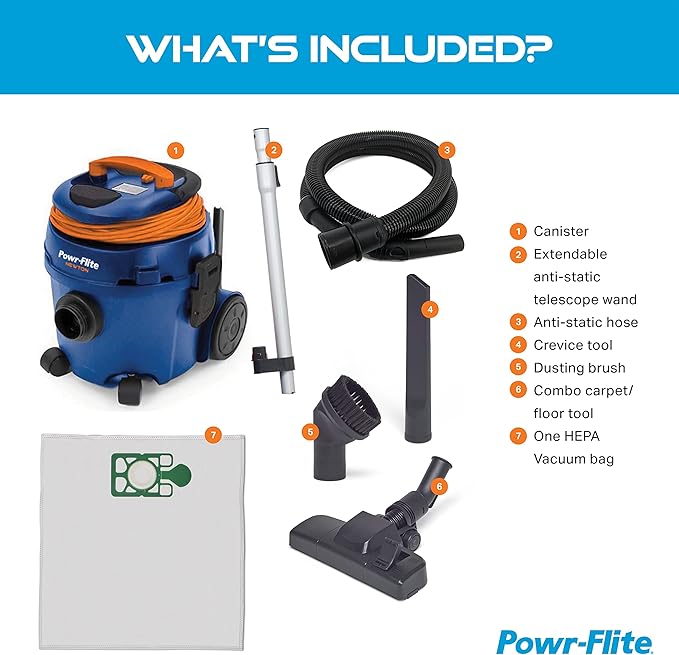 Powr-Flite Newton Compact Vacuum Cleaner Canister with HEPA Filtration Portable Vacuum for Hardwood Floors and Rugs PV610-Q10-U