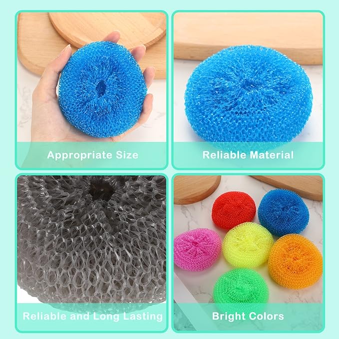Nuogo 100 Pieces Reusable Plastic Dish Pot Scrubbers Bulk Non-Scratch Nylon Scouring Pads for Kitchen Cleaning Assorted Color Poly Mesh Dishwashing Pads for Household Use