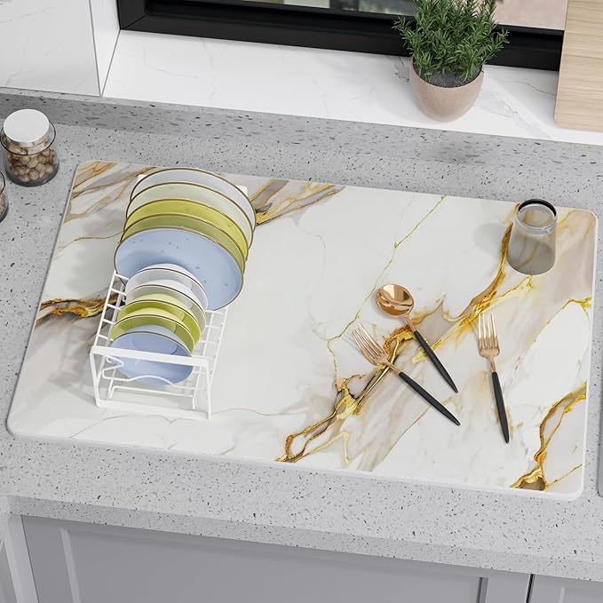 Large Stone Drying Mat for Kitchen Counter 24 × 16 Diatomite Dish Drying Mat Quick Dry Stone Mats Ultra Absorbent Natural Diatomaceous Earth Mats for Dished Bottles White Marble