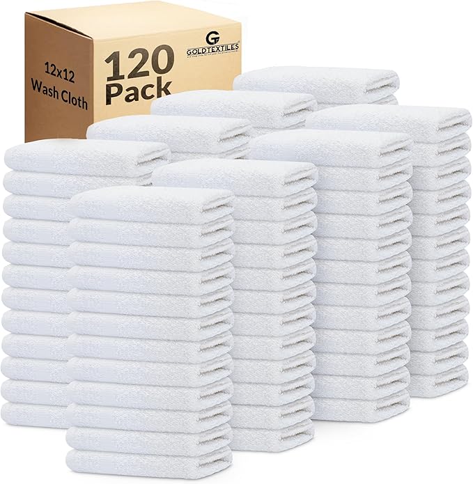 GOLD TEXTILES 120 Pack Economy White Washcloths Set (12x12 inches) - Cotton Blend Commercial Grade Cleaning Rags Quick Drying &amp Soft Face Cloths Fingertip Towels for Bathroom Spa Gym and Kitc