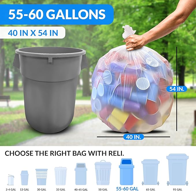 Reli. 55 Gallon Trash Bags Heavy Duty (100 Count) | Clear | Twist Ties Included | Extra Tough Leak-Proof Garbage Bags | Ideal for Large Clean Ups