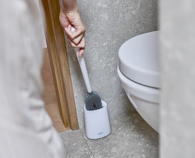 Joseph Joseph Flex 360 Lite Advanced Smart Toilet Brush and Small Storage Holder Set with Anti-drip Anti-Clog Triple-Action Replaceable Brush Head - White