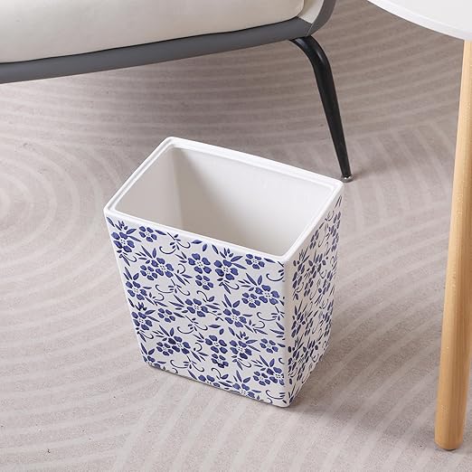 Blue and White Floral Ceramic Trash Can – 2.5 Gallon Small Bathroom &amp Kitchen Garbage Bin Decorative Waste Basket for Bedroom Office Hotel – Elegant Floral Design Heavy Duty (9 Liter Gift Ide