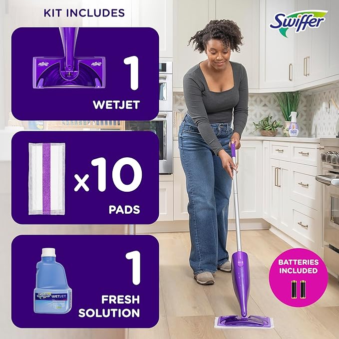 Swiffer WetJet Hardwood and Floor Spray Mop Cleaner Starter Kit Includes: 1 Power Mop 10 Pads Cleaning Solution Batteries