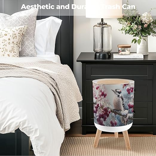 Bathroom Trash Can with Lid Abstract Woodpecker Snowy Cherry Branch Snow Red Berries Winter Garbage Bin Waste Basket for Kitchen Office Bedroom Decoration Diaper Pail 1.8 Gallon