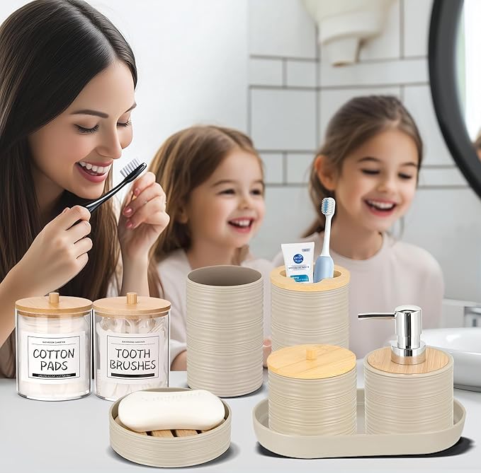 IMAVO Bathroom Accessory Set-11Pcs Beige Bathroom Accessories Set with Trash CanSoap DispenserSoap DishToothbrush HolderToothbrush CupToilet Brush HolderQtip Holder Dispenser with Labels