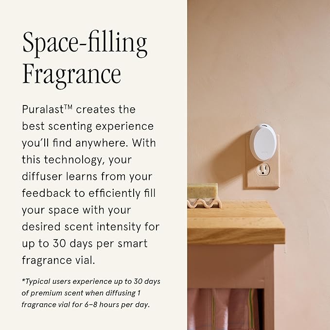 Pura Mini Smart Fragrance Diffuser for Small Spaces Adjustable Smart Home Device with LED Light &amp Automatic Vial Detection - Includes 1 Scent Refill White Tea no.1